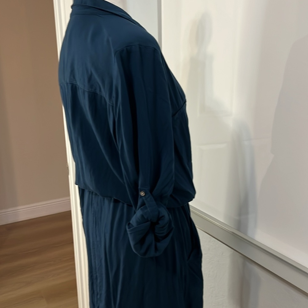 Lou & Grey Blue Shirt Dress Long Sleeve Cinch Waist Large with Pockets - Picture 7 of 8
